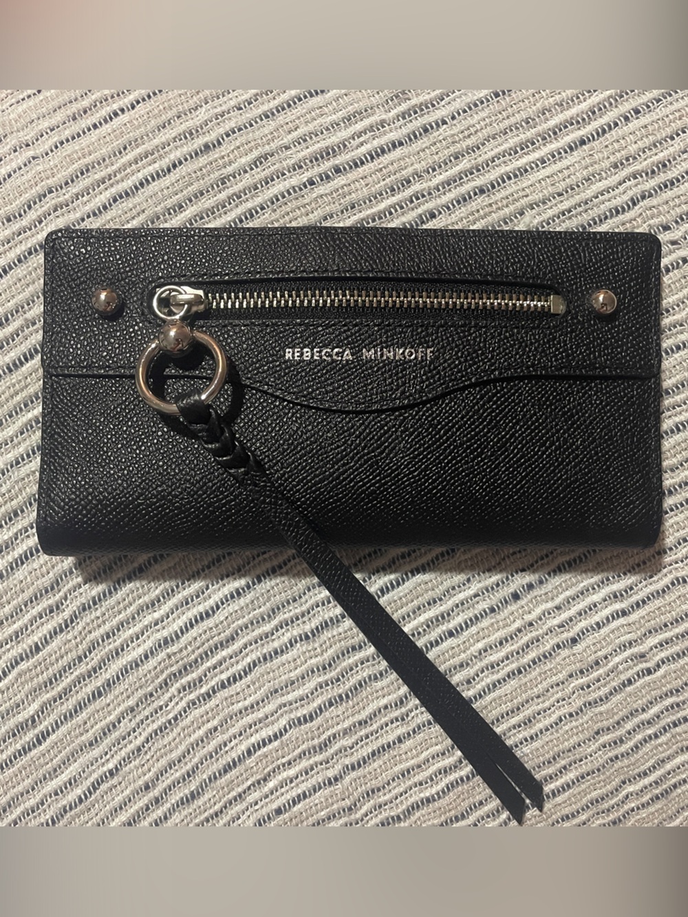 Rebecca Minkoff Black Textured Leather Zip Wallet with Braided Wristlet